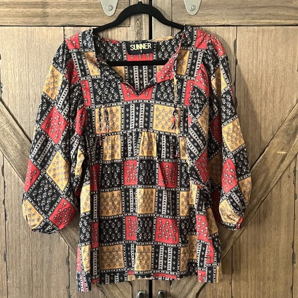 SUNNER Boho Patchwork Cotton Top Gold/Red/Black 3/4 Length Sleeve Size Small - Picture 1 of 4